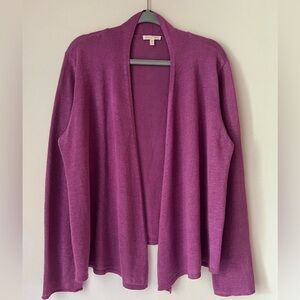Eileen Fisher 100% Linen Knit Open Front Purple Cardigan size Large Sweater